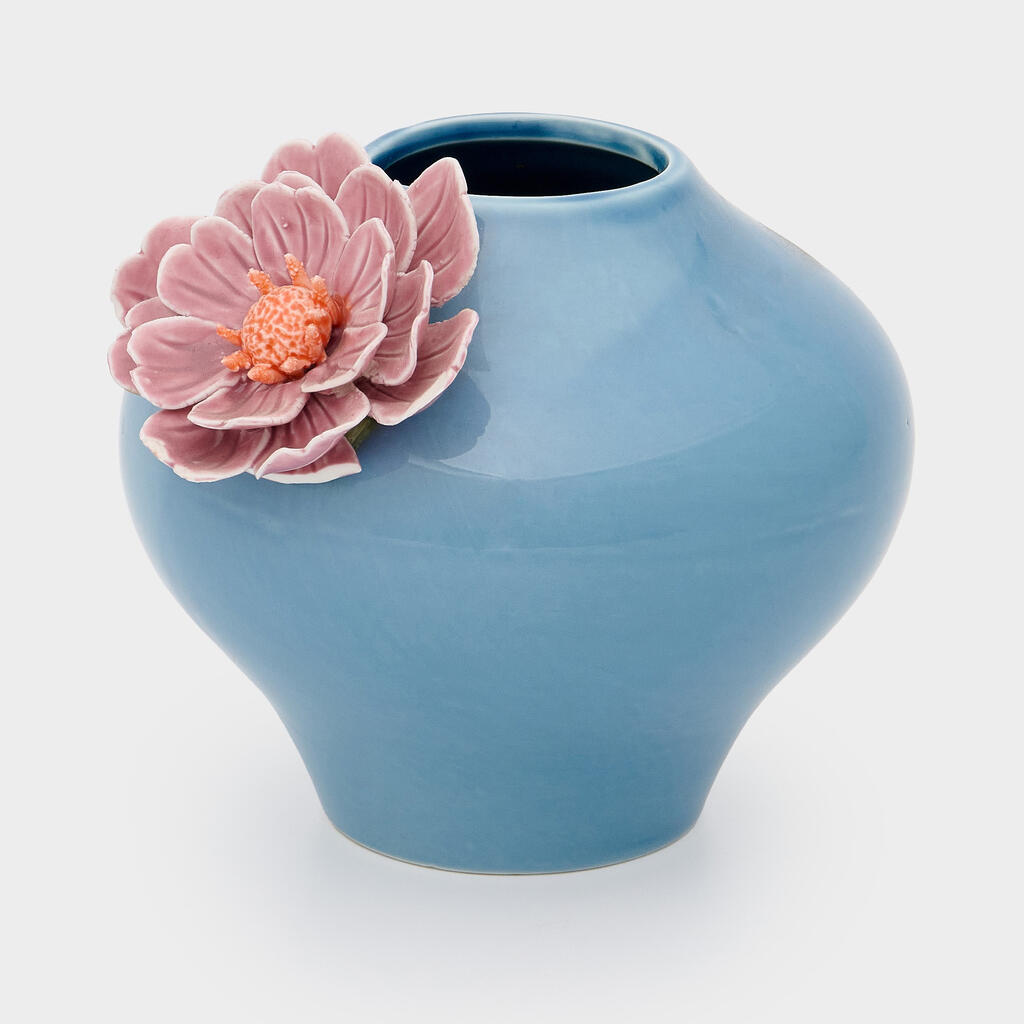 VASO CERÂMICA AZUL FLOR LILÁS BAIXO