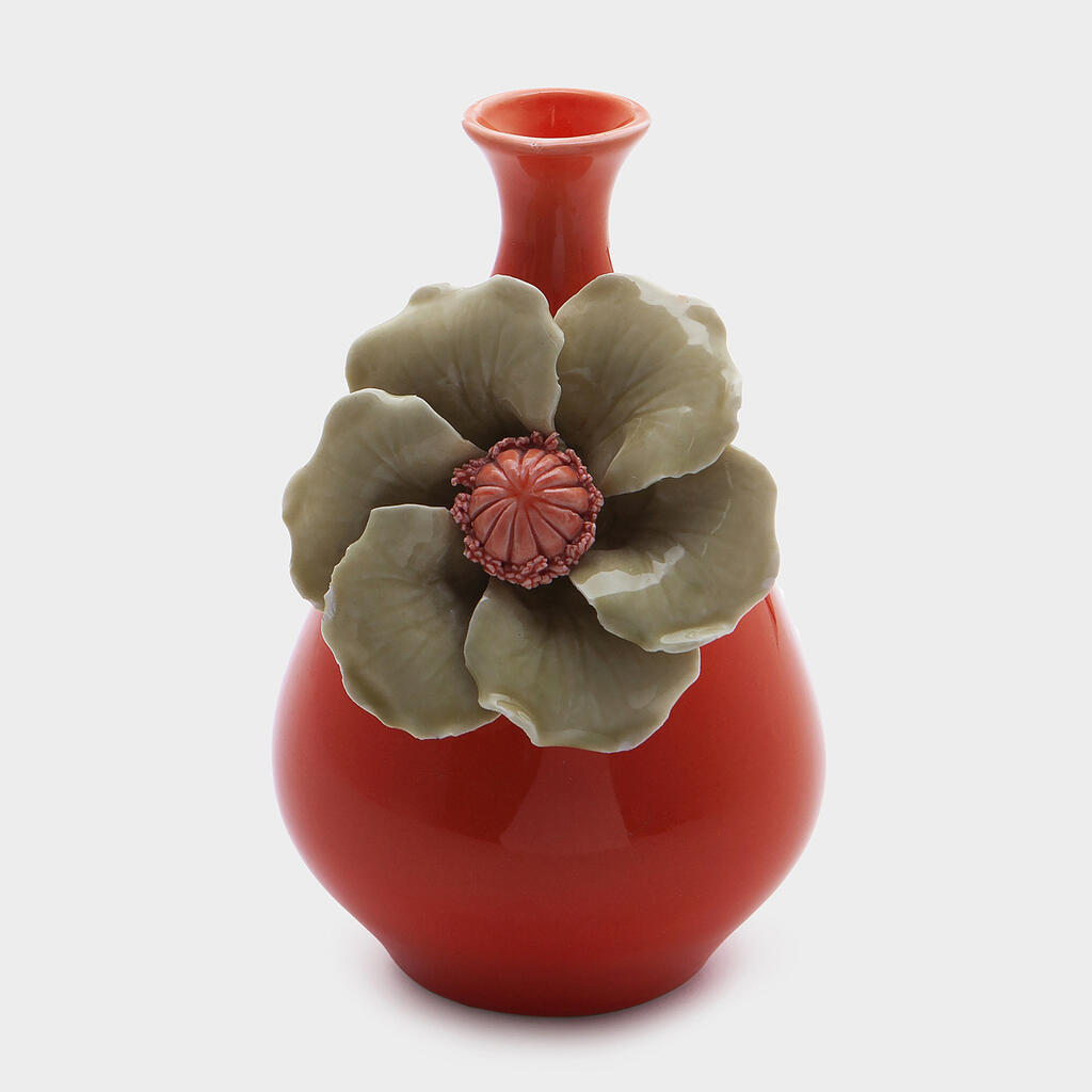 VASO CERÂMICA LARANJA FLOR CELADON E LARANJA