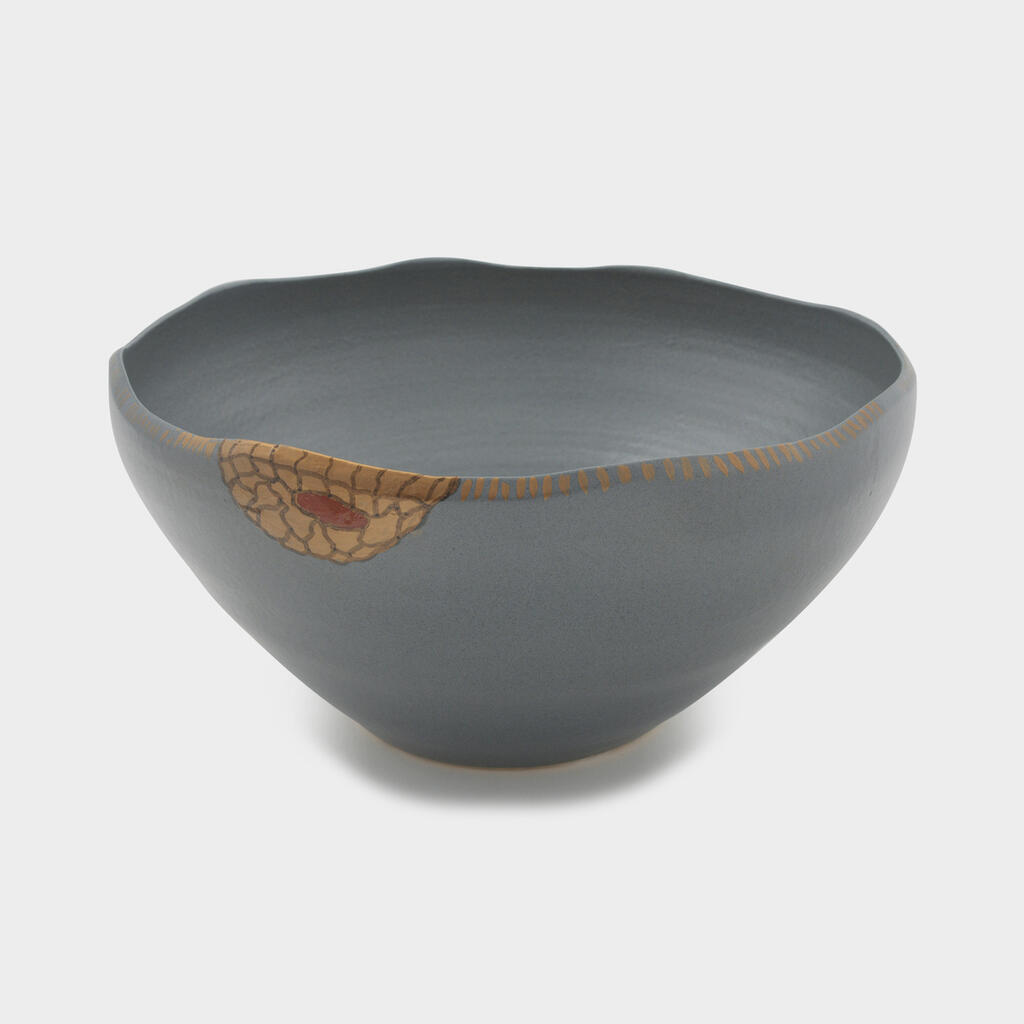 VASO CERÂMICA CINZA COCAR BORDA OURO