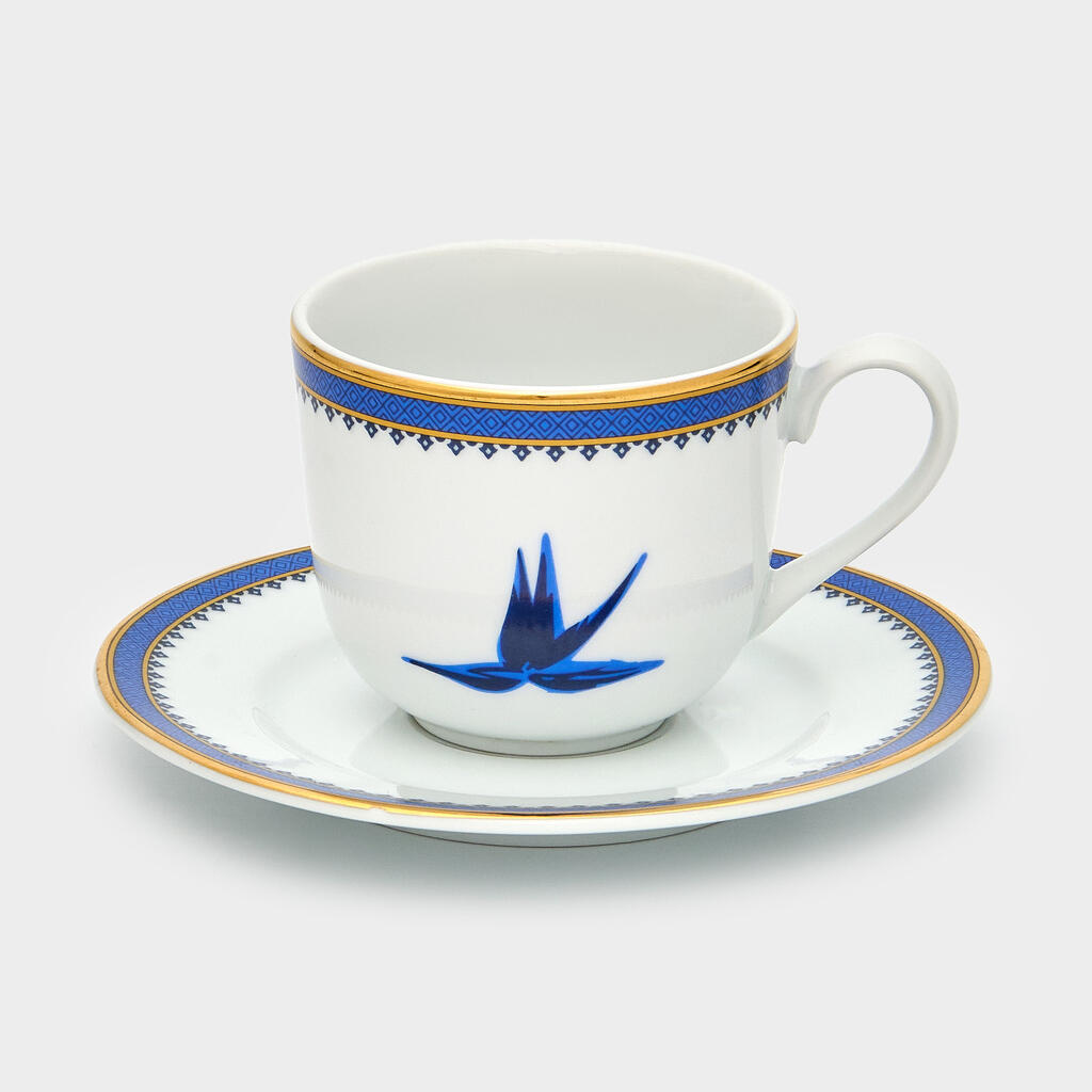 XÍCARA CHÁ FILETE AZUL/OURO ESTAMPA BAMBU