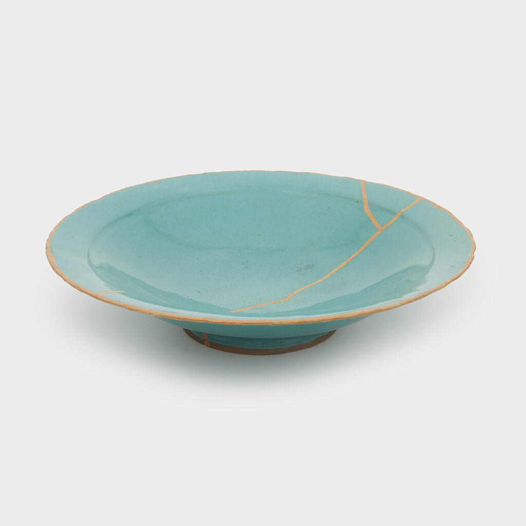 TRAVESSA REDONDA CERÂMICA TROIA CELADON E OCRE ALTA