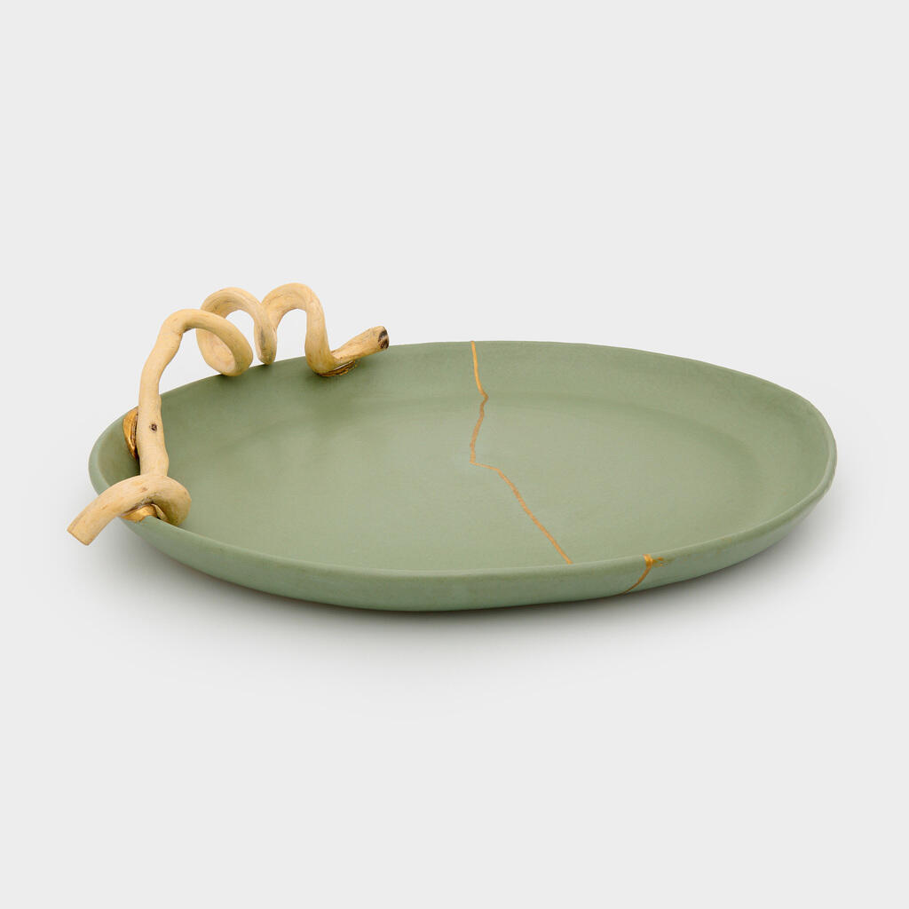TRAVESSA OVAL CERÂMICA N.O CELADON DETALHE TRONCO