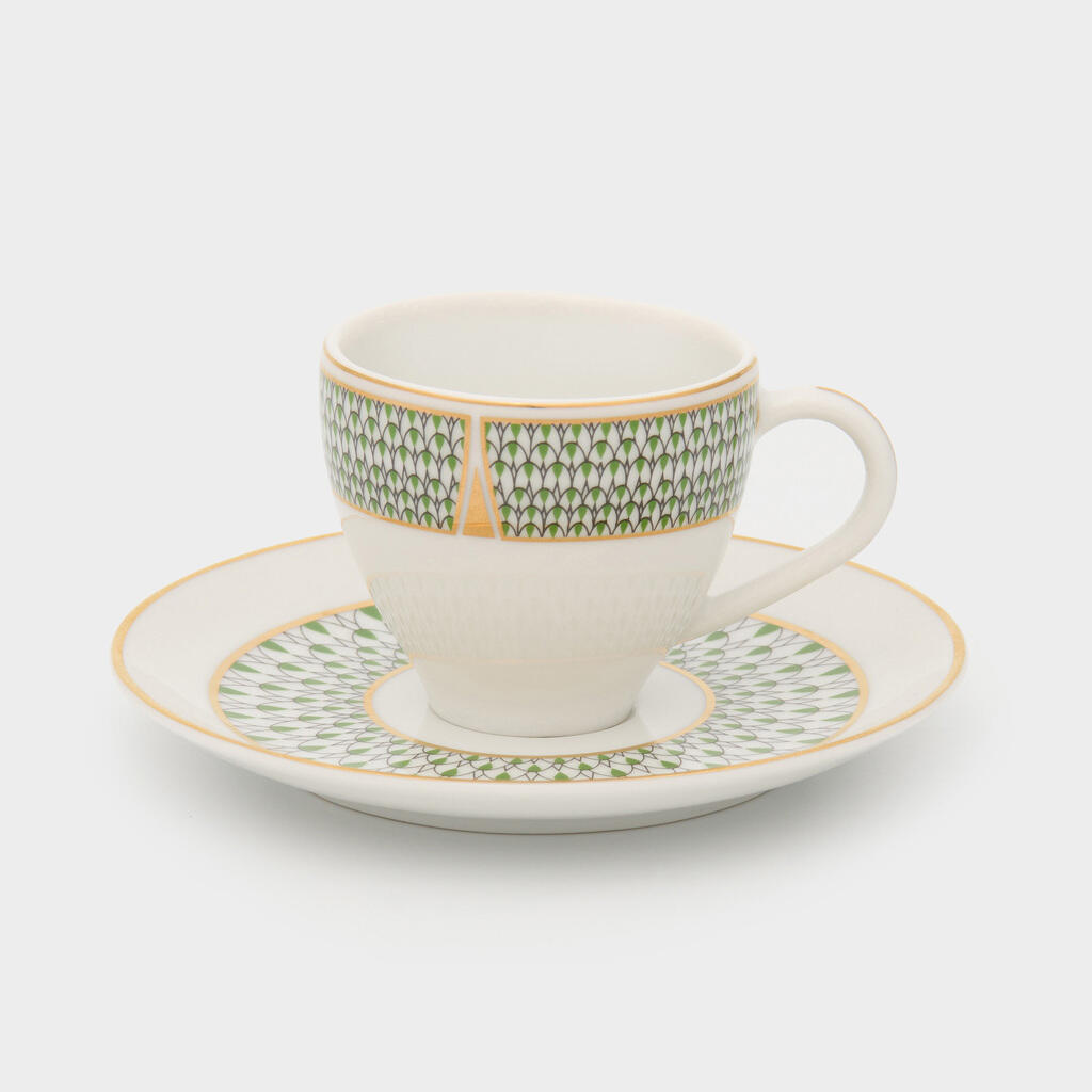 XÍCARA CAFÉ VERDE LOSANGOS FILETE E DETALHE EM OURO