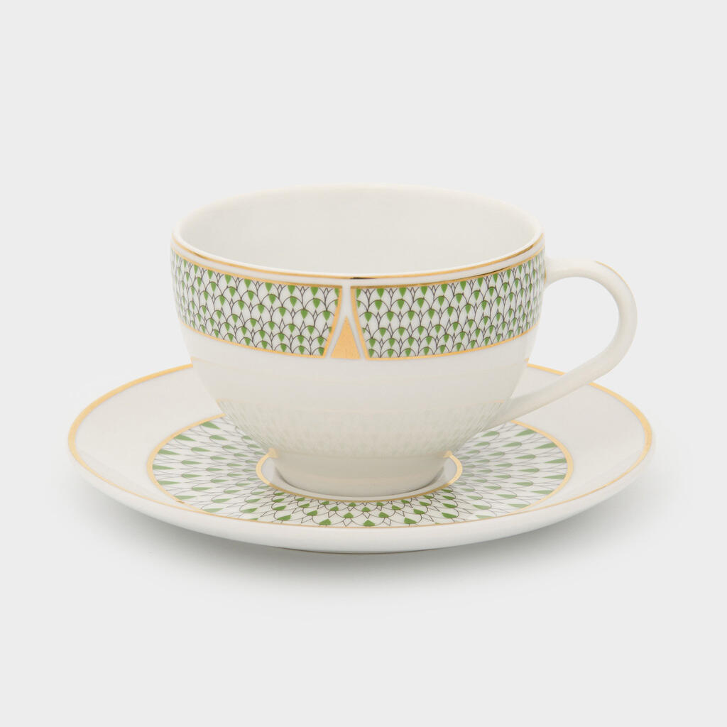 XÍCARA CHÁ VERDE LOSANGOS FILETE E DETALHE EM OURO