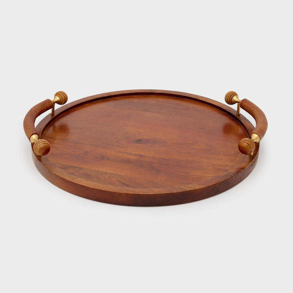 BANDEJA REDONDA MADEIRA ALÇA TRABALHADA DOURADA
