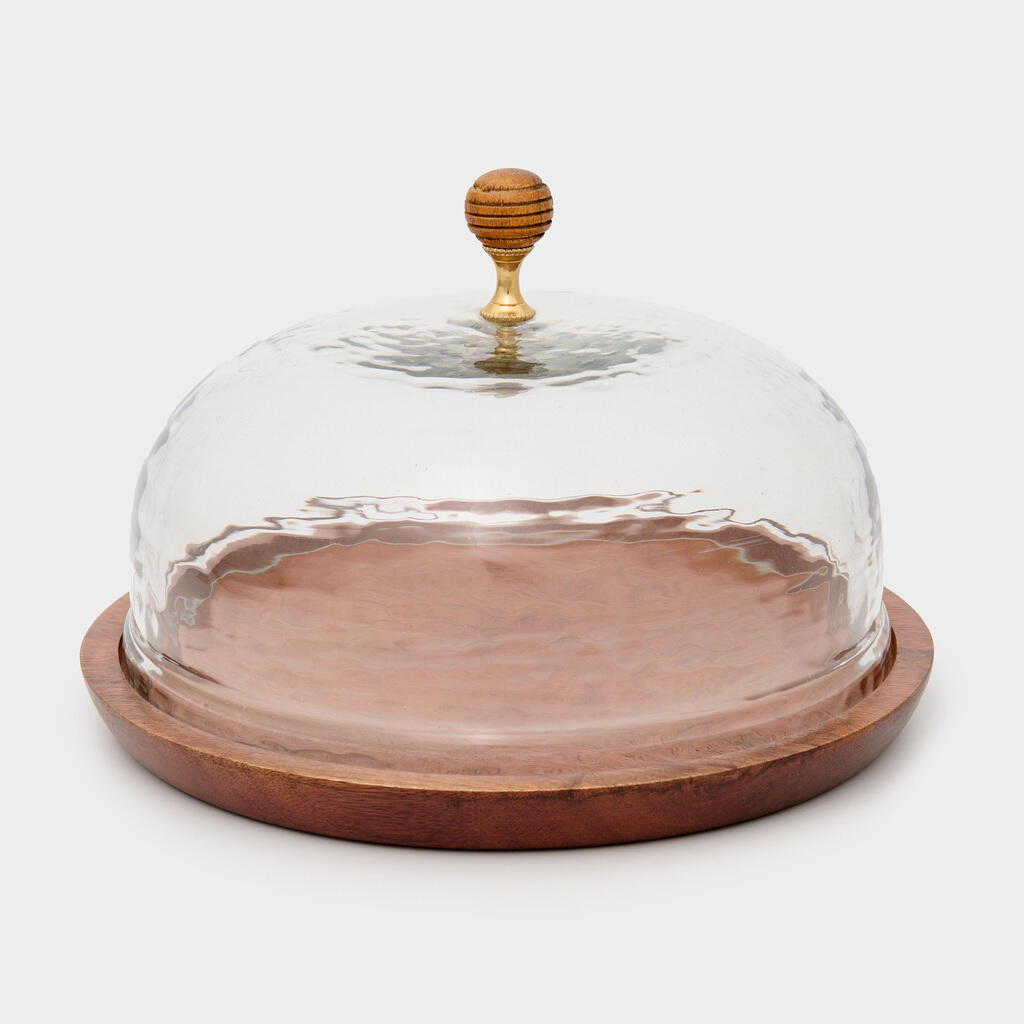 BOLEIRA REDONDA MADEIRA COM CÚPULA DE VIDRO TRABALHADA