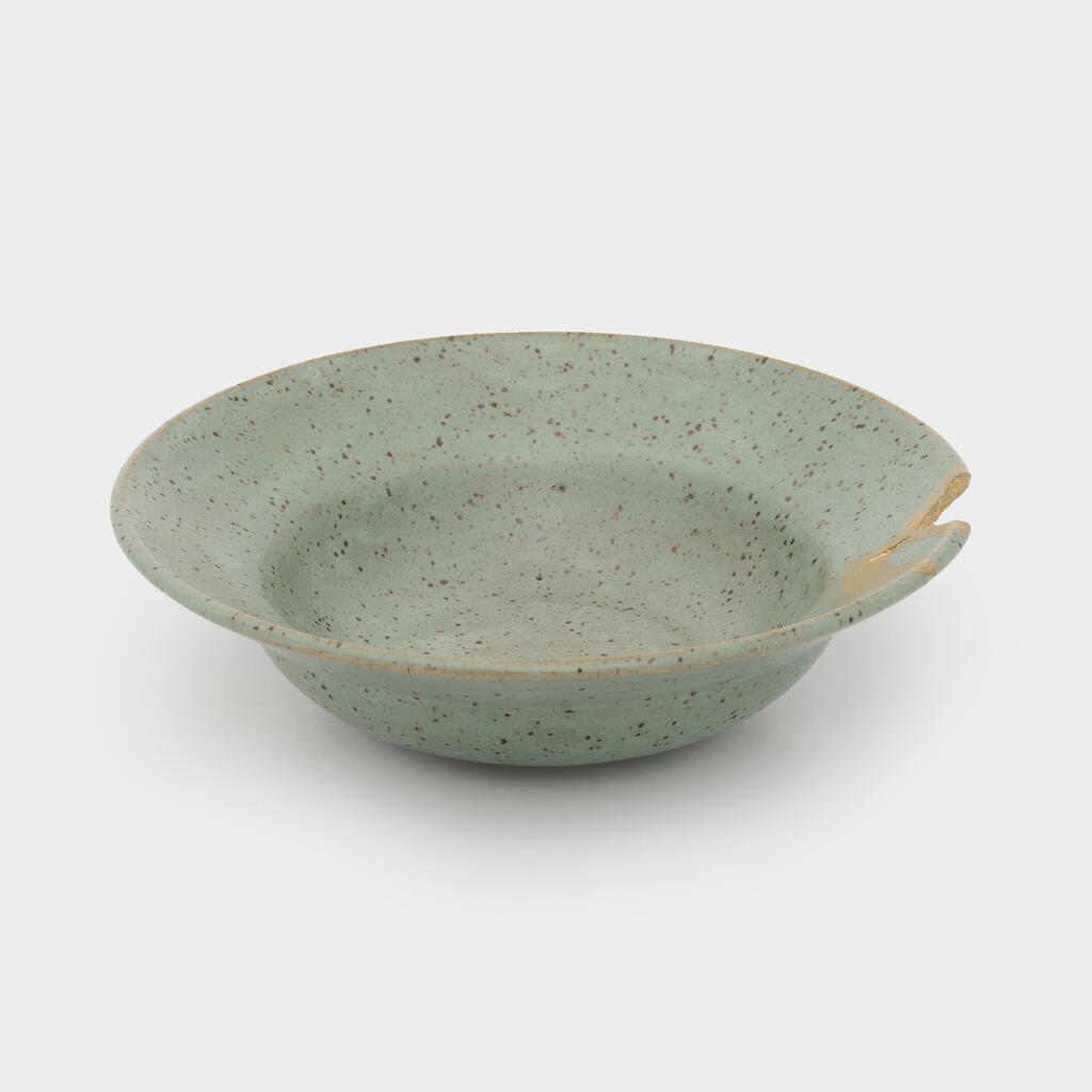 PRATO RISOTO CERÂMICA CELADON BORDA DOURADA