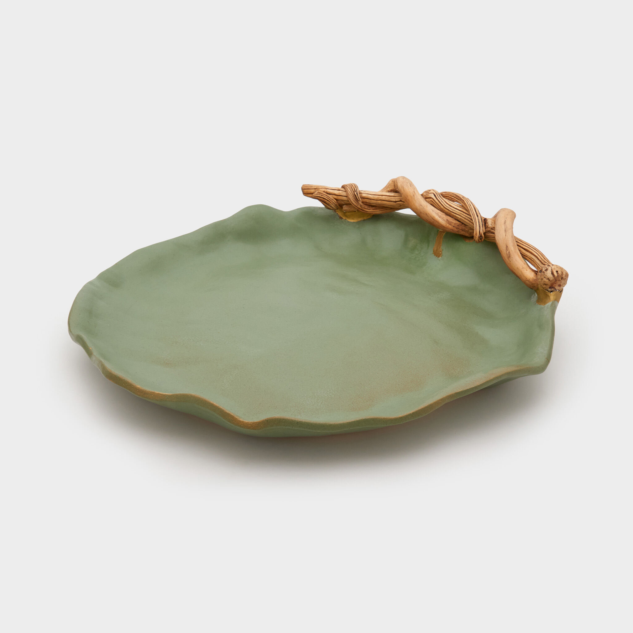 TRAVESSA CERÂMICA CELADON FOLHA ABERTA TRONCO TORCIDO