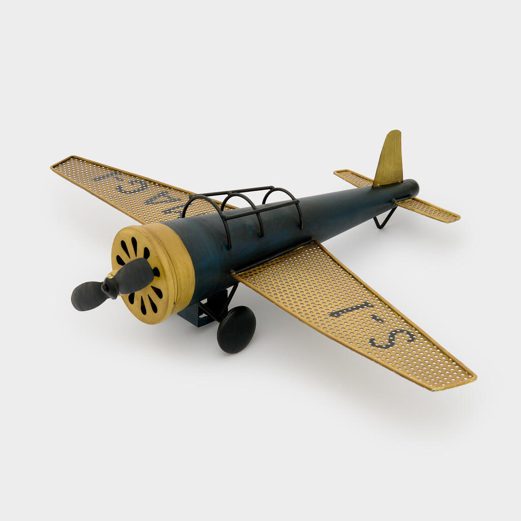 ESCULTURA AVIÃO FERRO PRETO E DOURADO