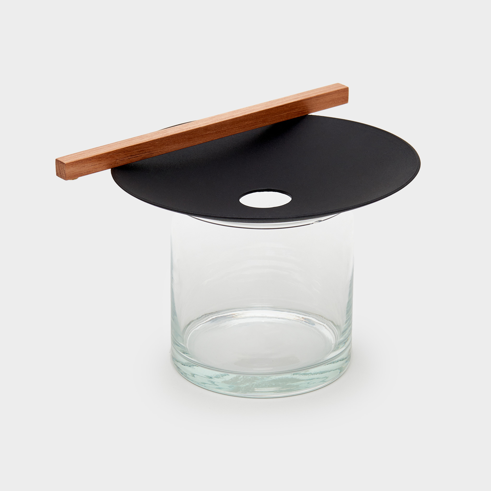 CILINDRO VIDRO COM CENTRO DE METAL PRETO BARRA MADEIRA 0.19d