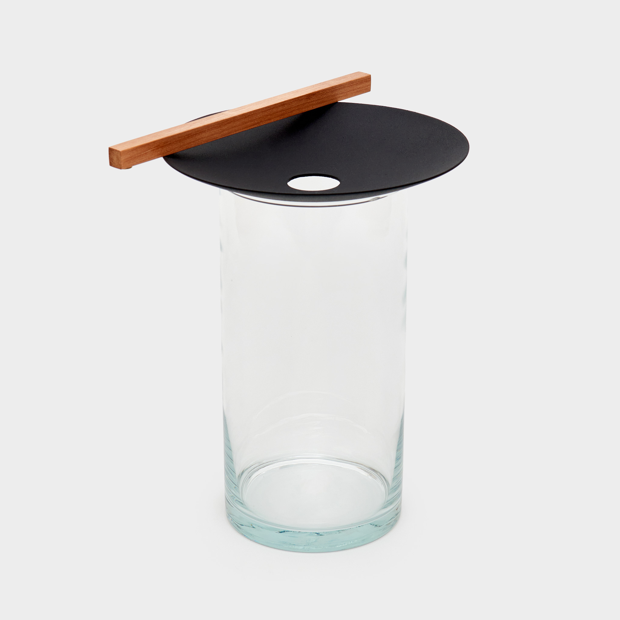 CILINDRO VIDRO COM CENTRO DE METAL PRETO BARRA MADEIRA 0.19d