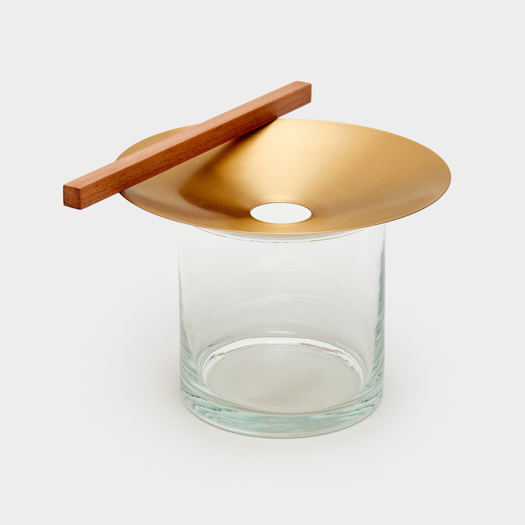 CILINDRO VIDRO COM CENTRO DE METAL DOURADO BARRA MADEIRA 0.19d
