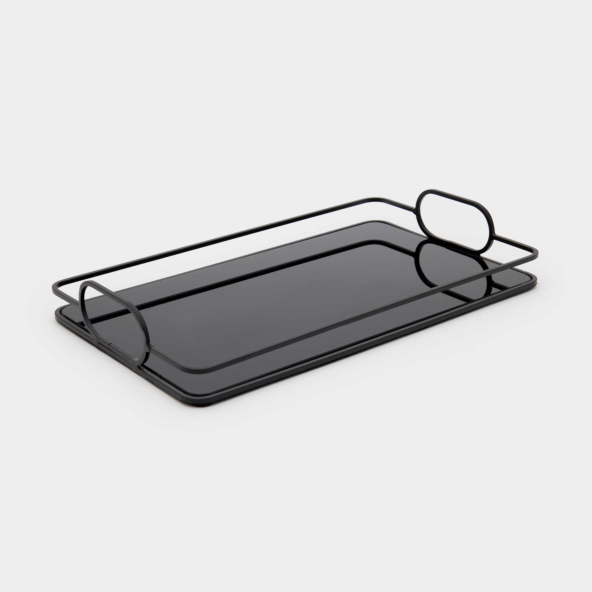 BANDEJA RETANGULAR VIDRO PRETA ALÇA OVAL