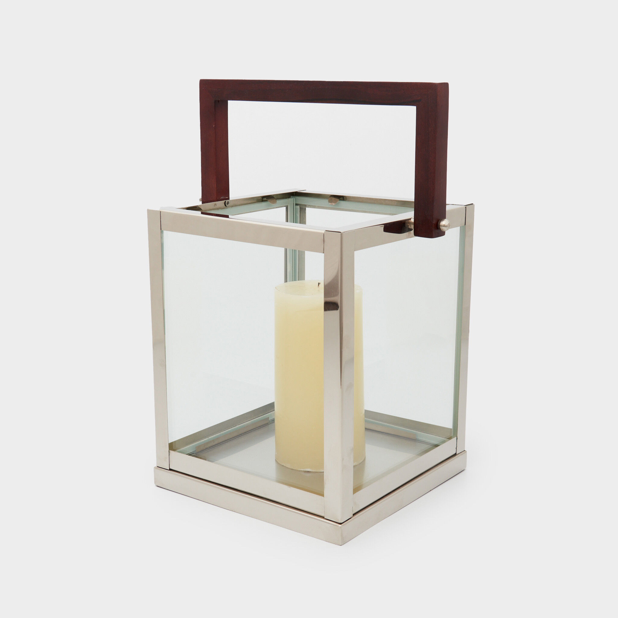 LANTERNA QUADRADA PRATA ALÇA MADEIRA