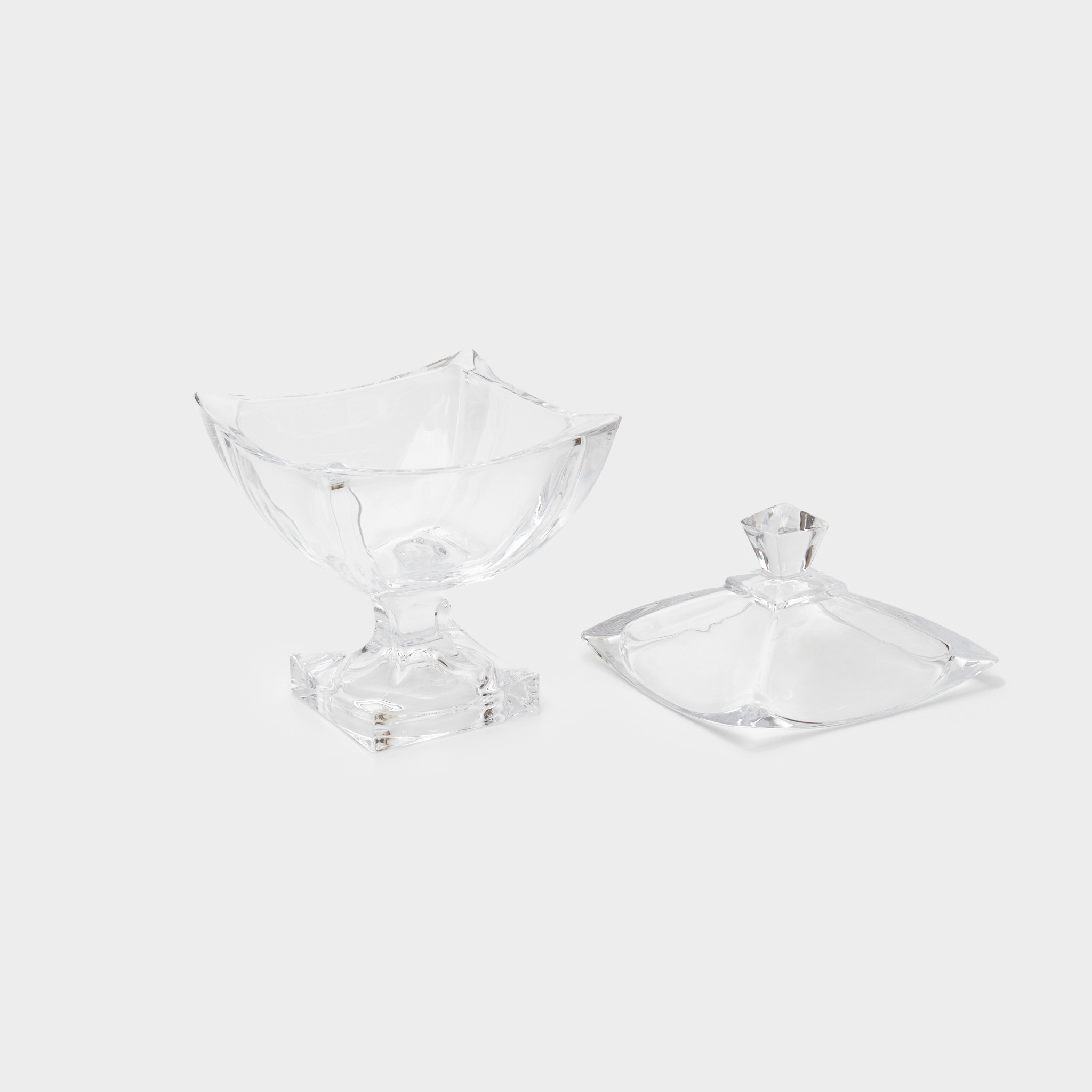 FRUTEIRA QUADRADA VIDRO LISO PÉ QUADRADO COM TAMPA