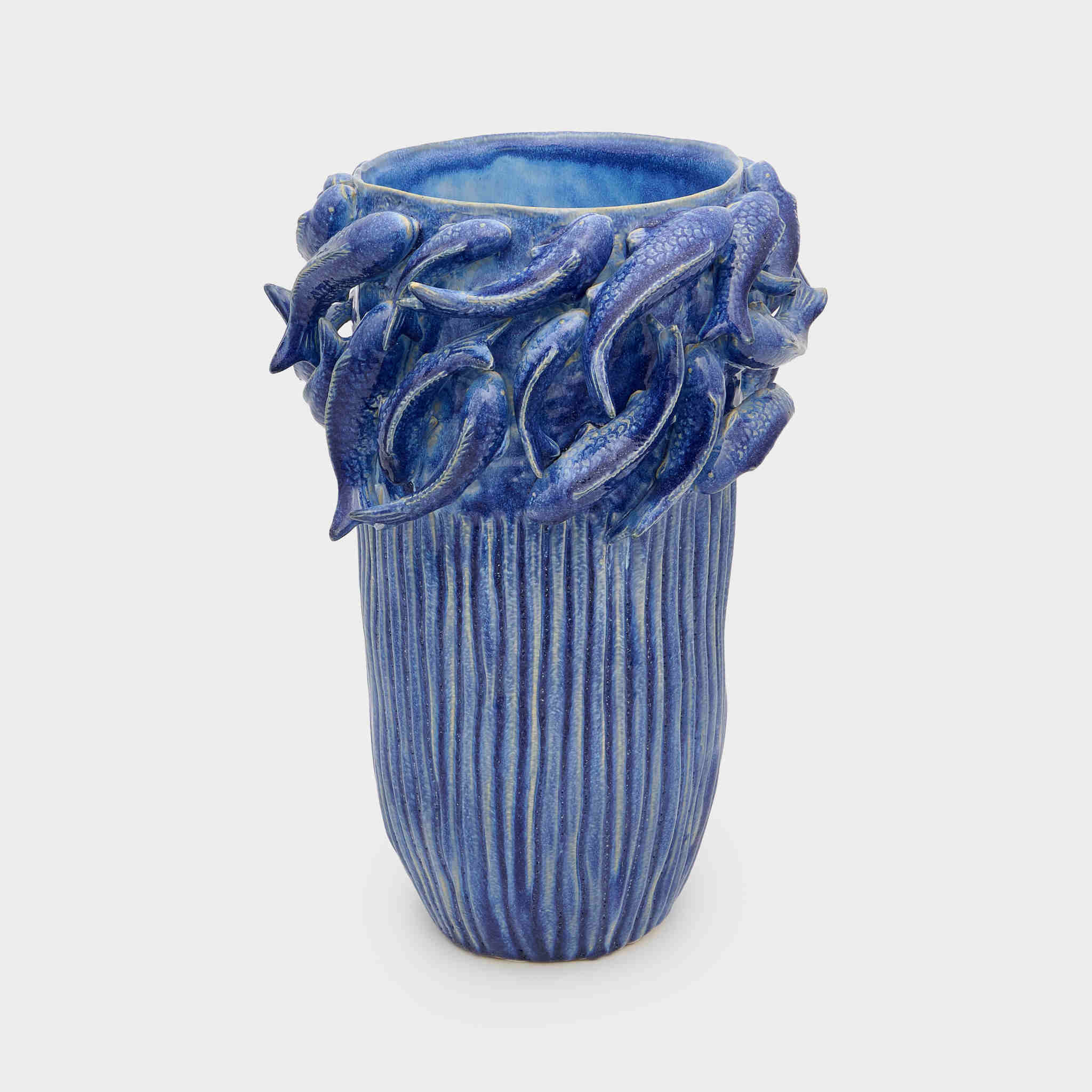 VASO ALTO PORCELANA AZUL E BRANCO PEIXE