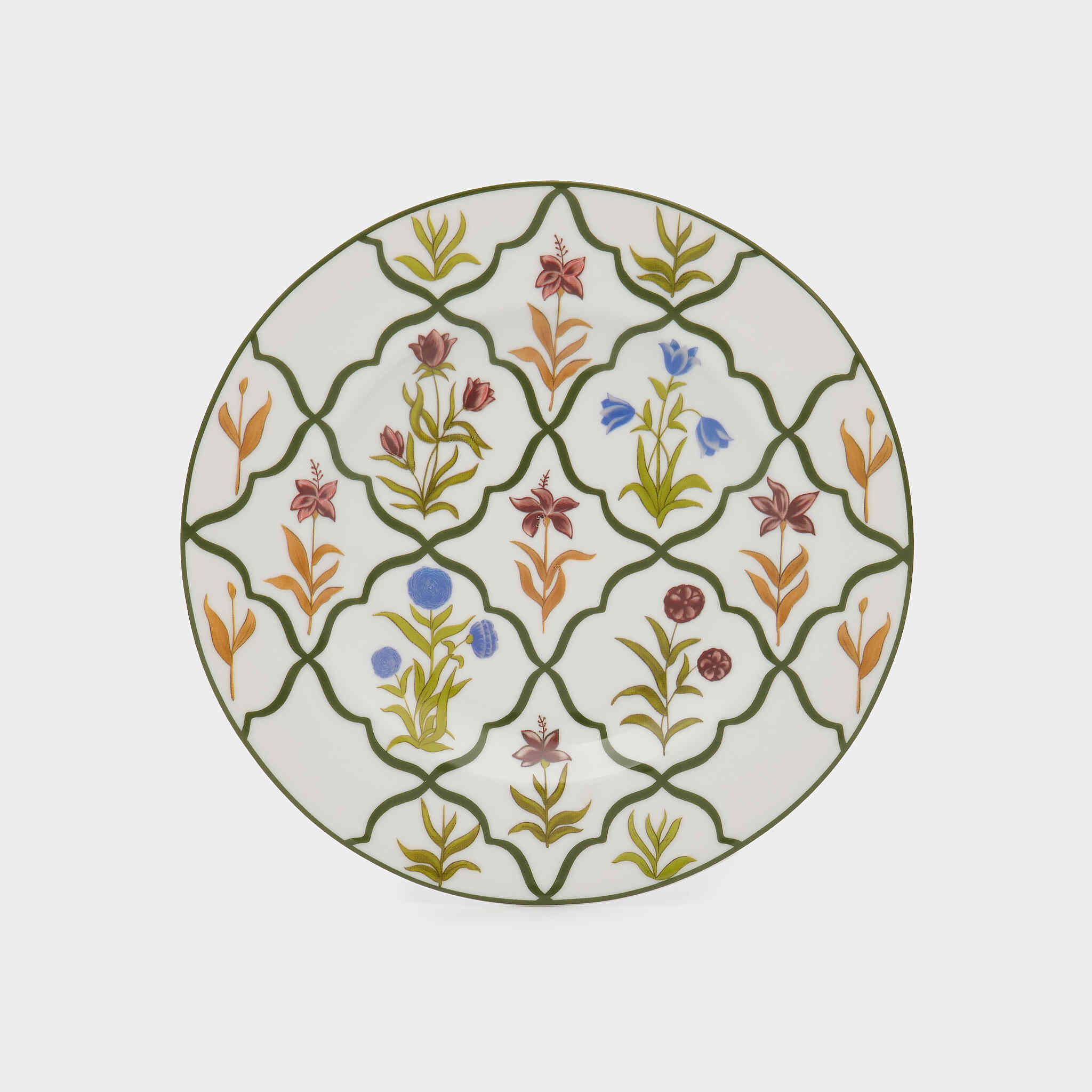 PRATO SOBREMESA BRANCO TRELIÇA VERDE FLORAL