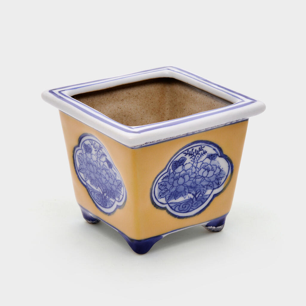 CACHEPOT CERÂMICA AMARELO DETALHE AZUL