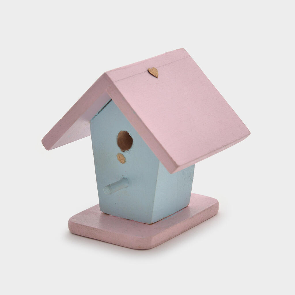 ESCULTURA CASINHA MADEIRA AZUL TELHADO ROSA MINI