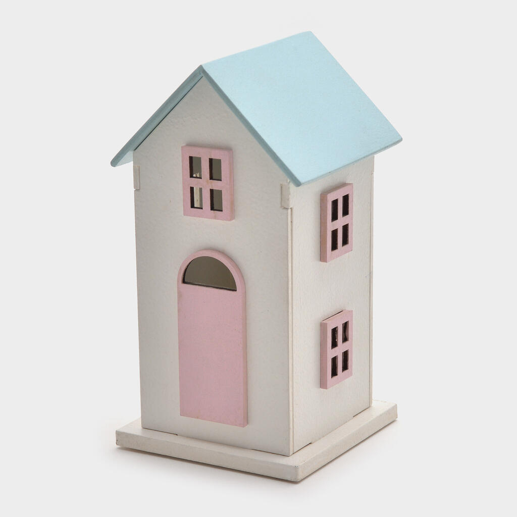 ESCULTURA CASINHA MADEIRA BRANCO TELHADO AZUL