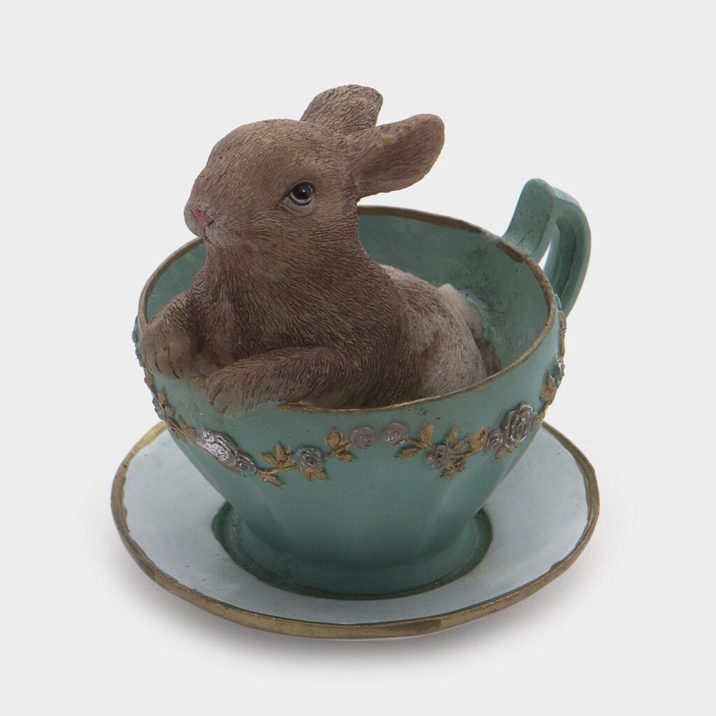 ESCULTURA COELHO CELADON NA BORDA DA XÍCARA