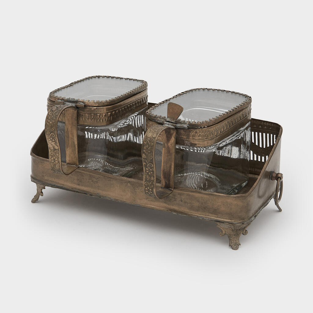 CONJUNTO 3 POTES DE VIDRO E SUPORTE DOURADO