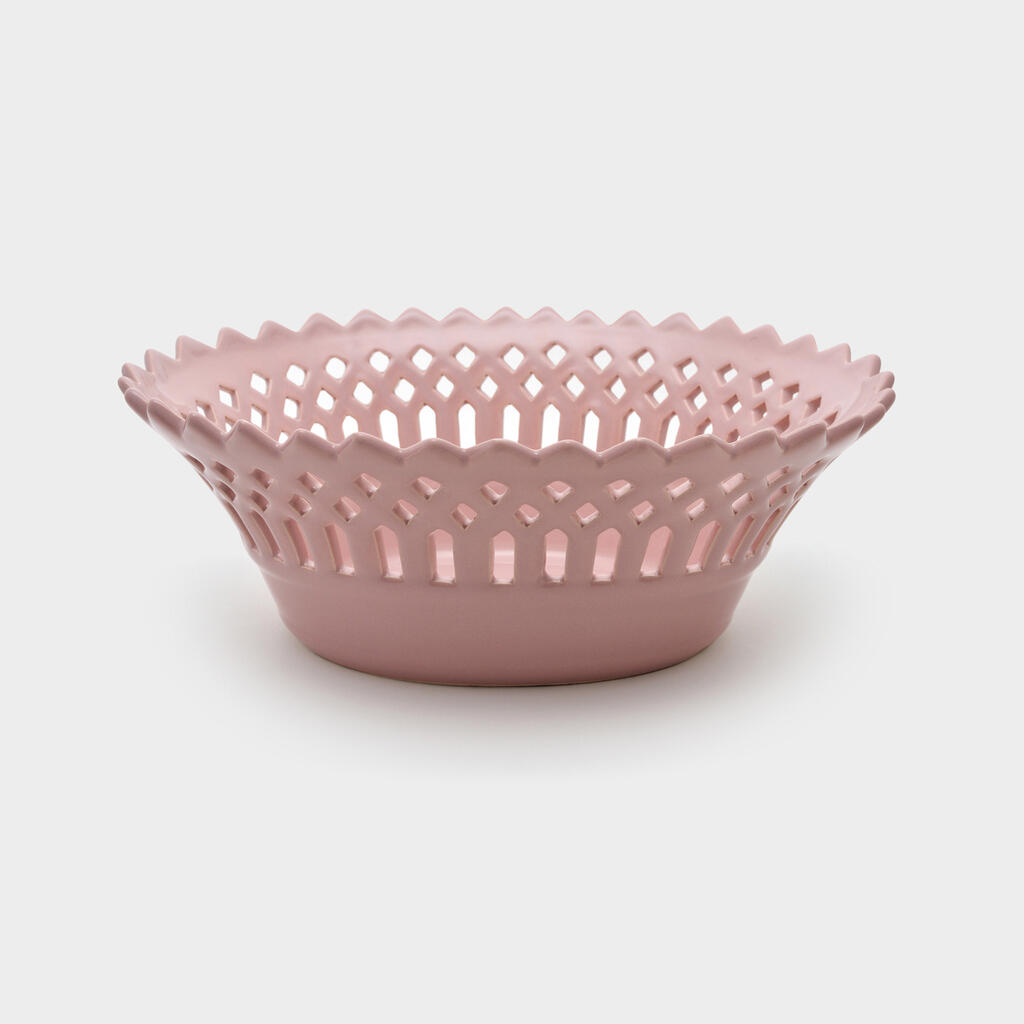 FRUTEIRA OVAL CERÂMICA ROSA VAZADA
