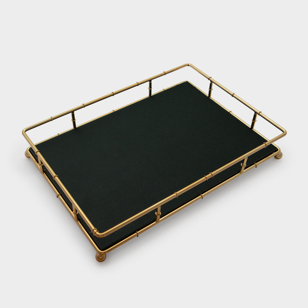 BANDEJA DOURADA COURO VERDE