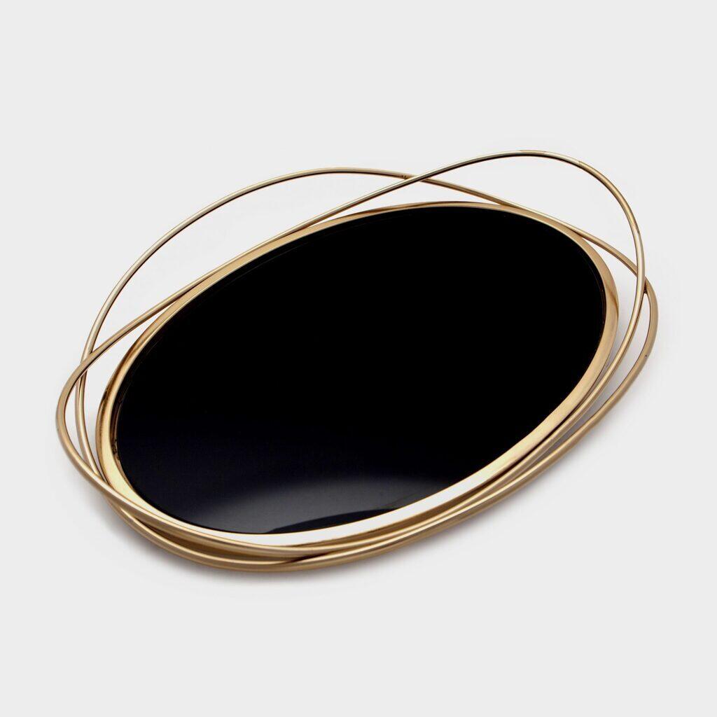BANDEJA OVAL DOURADA E VIDRO PRETO