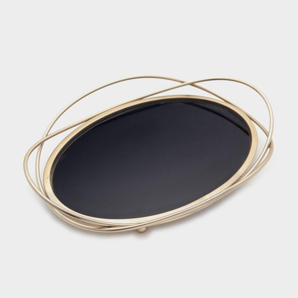 BANDEJA OVAL DOURADA E VIDRO PRETO