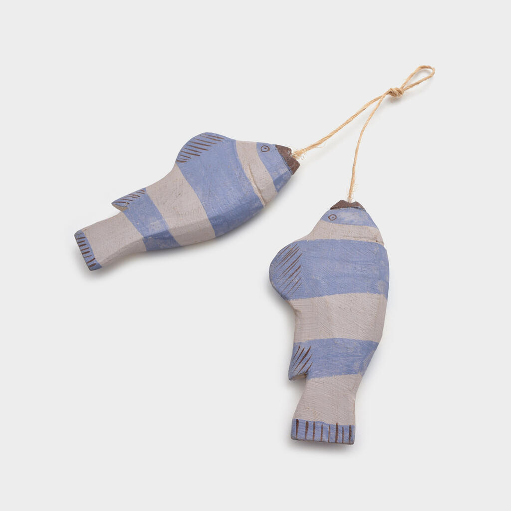 ESCULTURA PEIXE MADEIRA AZUL PINTADO TRIPLO