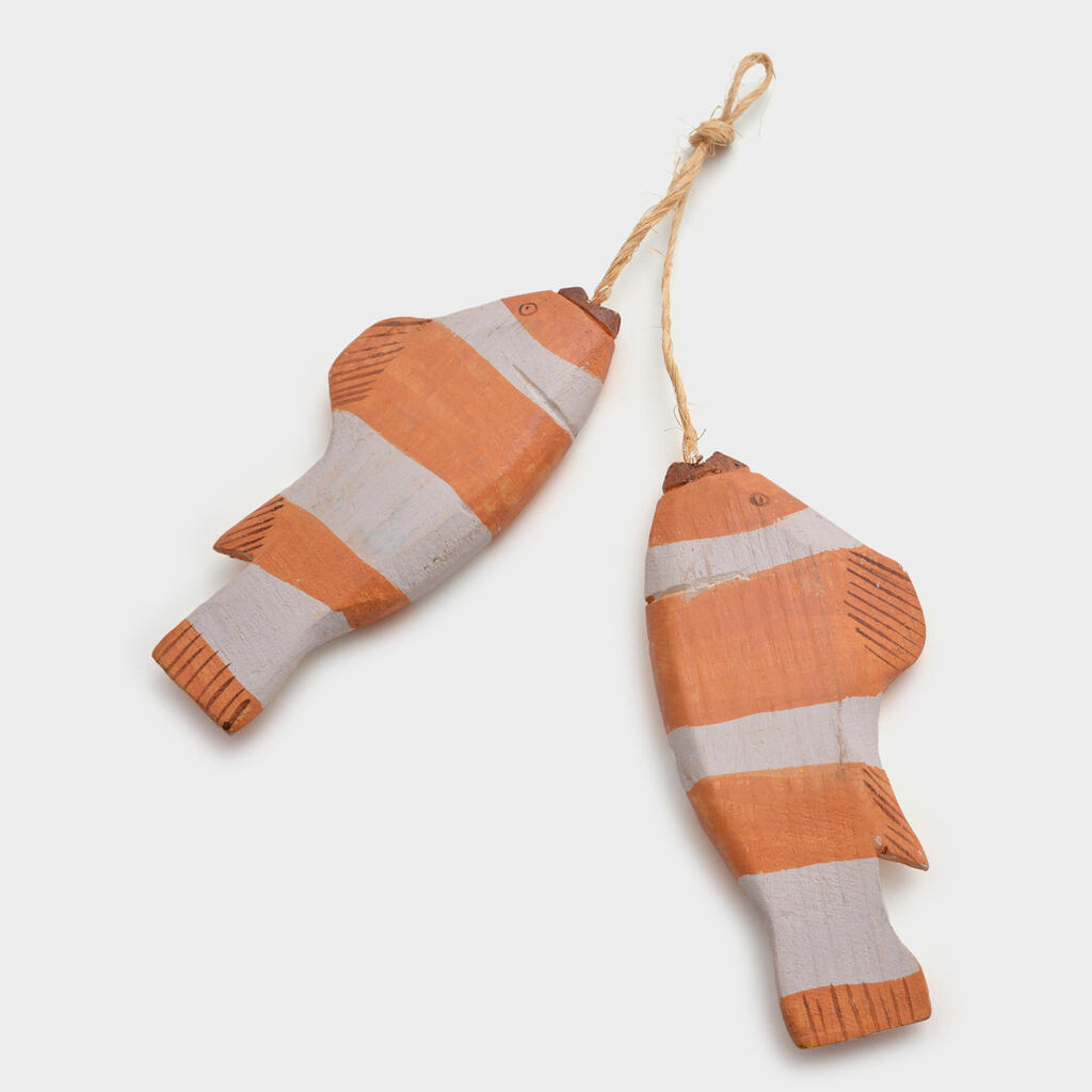 ESCULTURA PEIXE MADEIRA LARANJA PINTADO DUPLO