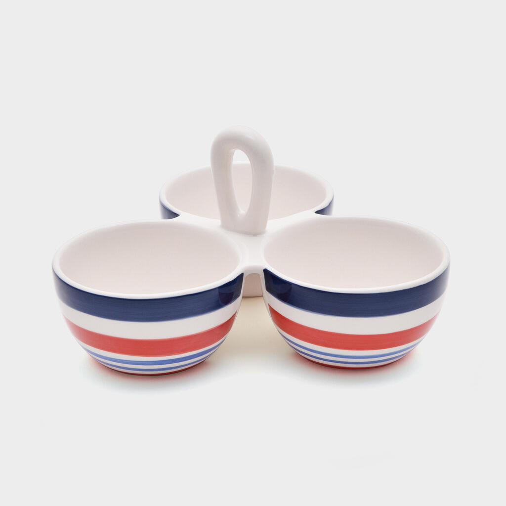 PETISQUEIRA REDONDA CERÂMICA BRANCA COM FAIXAS AZUL E VERMELHO TRIO