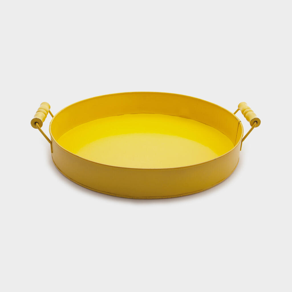 BANDEJA REDONDA FERRO AMARELO ALÇA MADEIRA