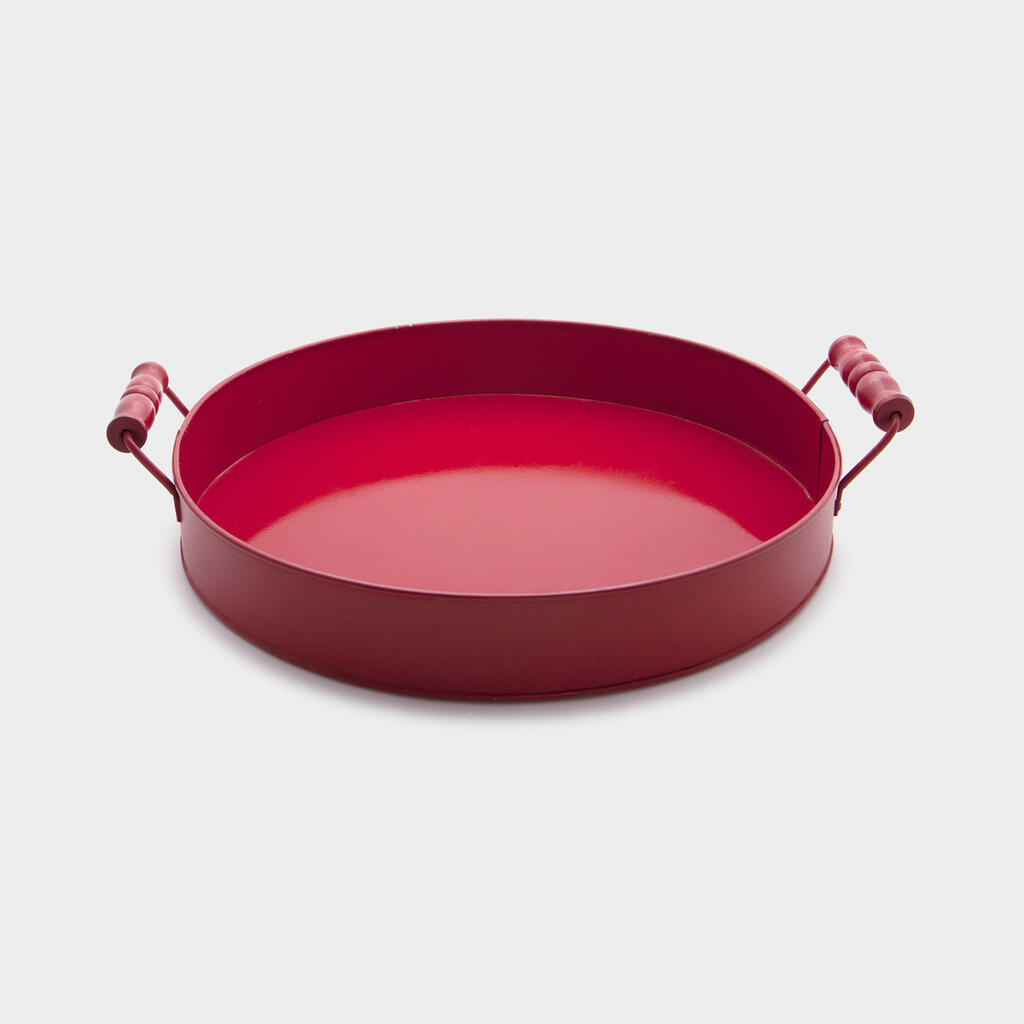 BANDEJA REDONDA FERRO VERMELHO ALÇA MADEIRA