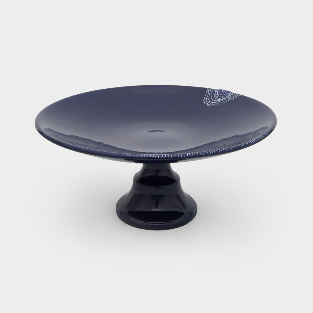 PRATO REDONDO FUNDO CERÂMICA AZUL BRANCO COM PÉ