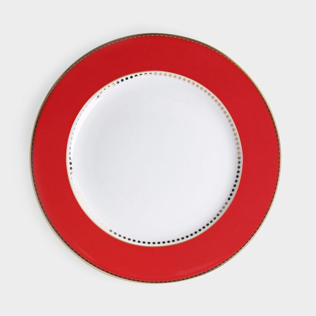 PRATO SOBREMESA VERMELHO BOLINHA OURO