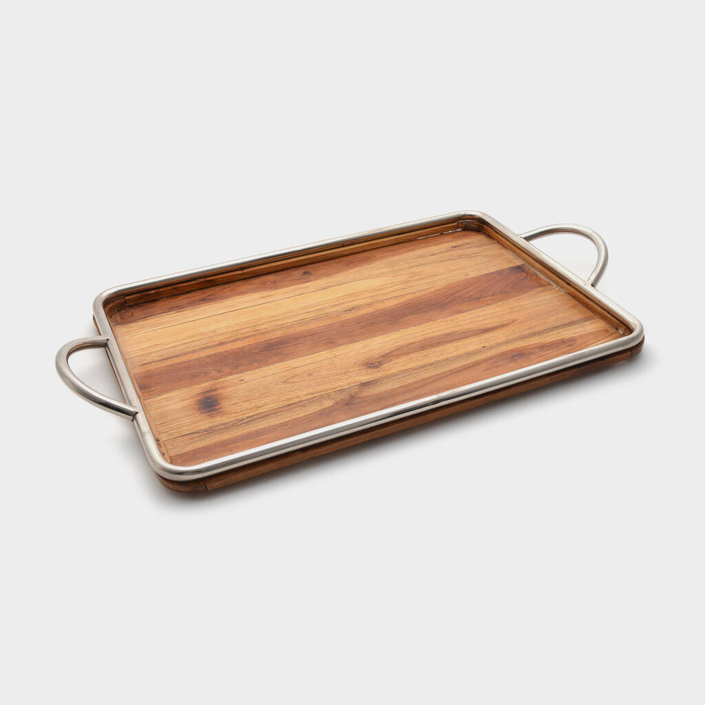 BANDEJA RETANGULAR MADEIRA ALÇA METAL
