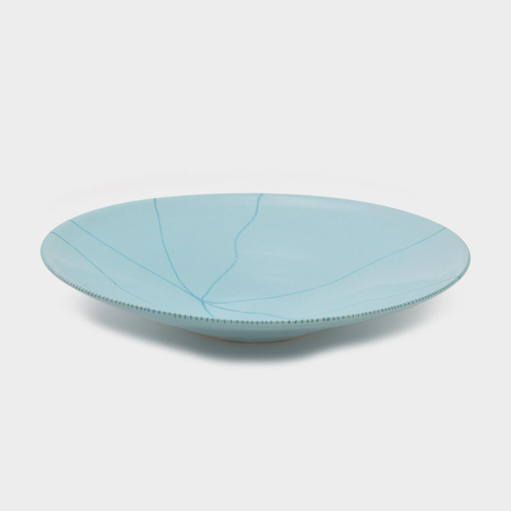 TRAVESSA CONICA CERÂMICA TURQUESA PONTO AZUL