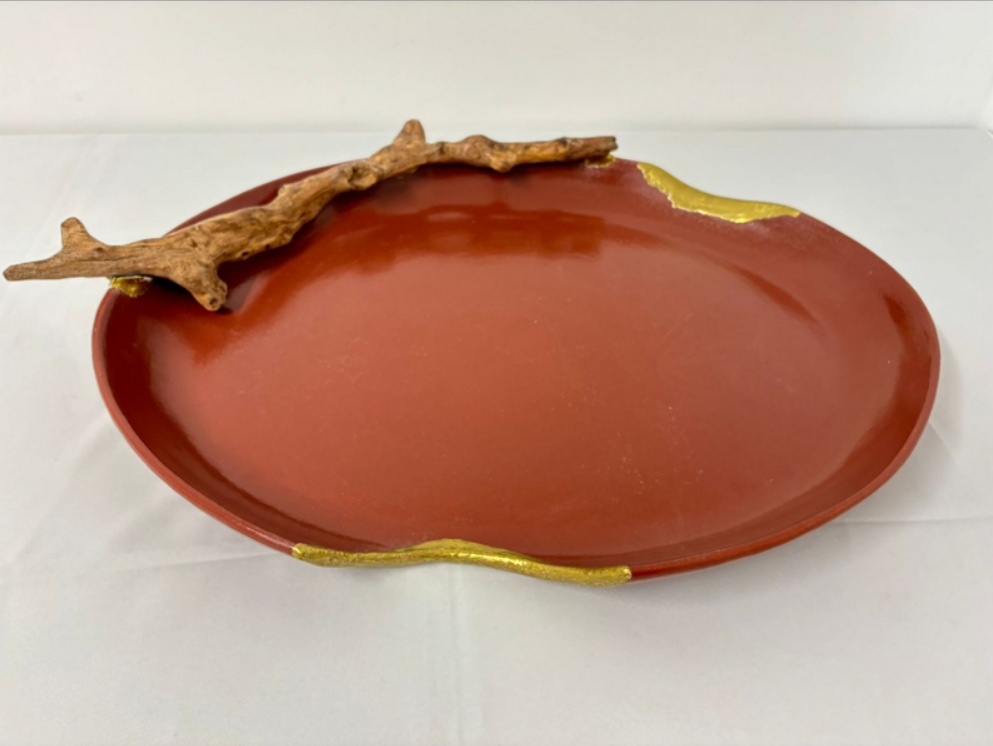 TRAVESSA OVAL CERÂMICA ROUGE DE FER RECORTE LATERAL DOURADO TRONCO