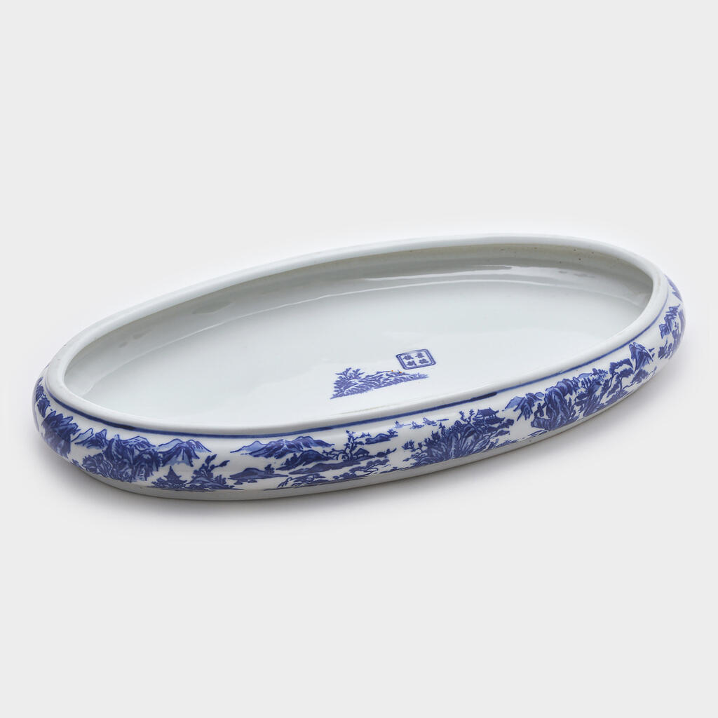 TRAVESSA OVAL PORCELANA BRANCA ESTAMPA AZUL