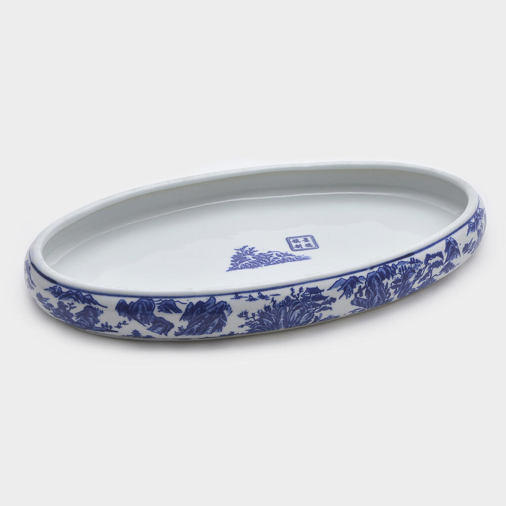 TRAVESSA OVAL PORCELANA BRANCA ESTAMPA AZUL