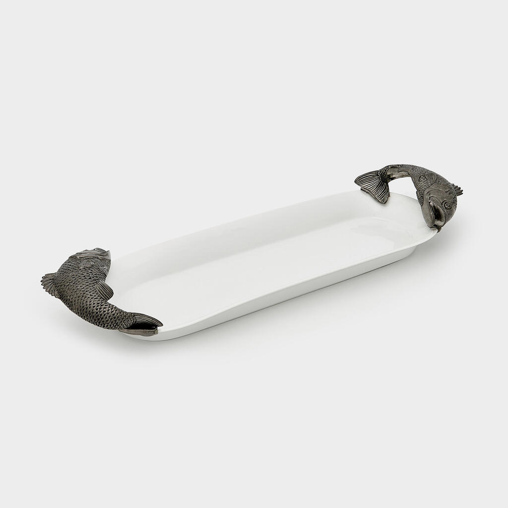 TRAVESSA OVAL PORCELANA BRANCA SALMÃO PRATA