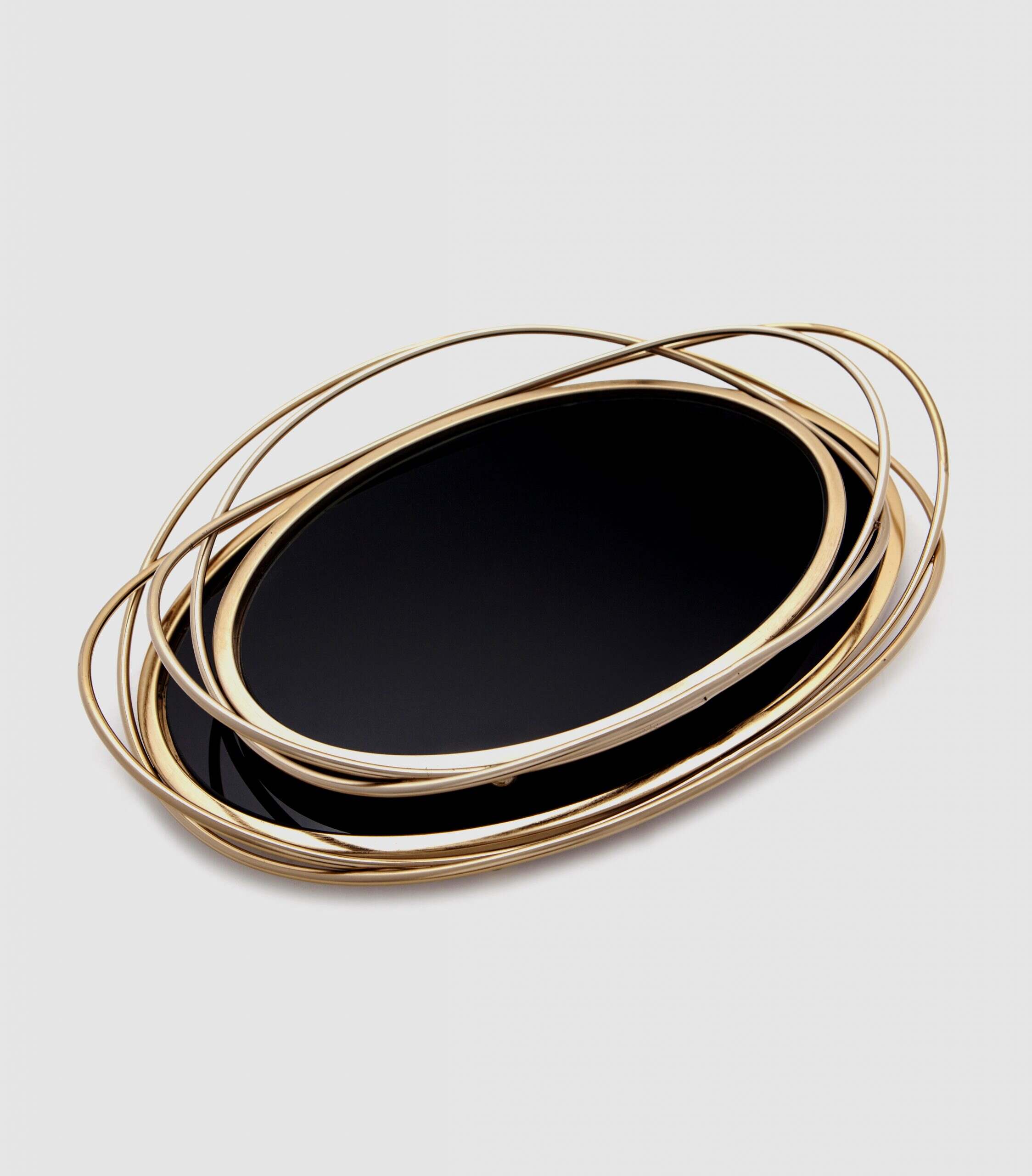 BANDEJA OVAL DOURADA E VIDRO PRETO