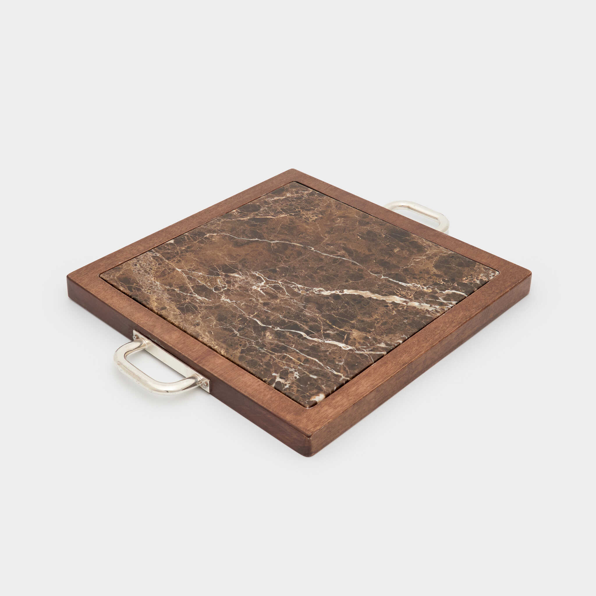 BANDEJA QUADRADA MADEIRA PARA MARMORE ALÇA PRATA