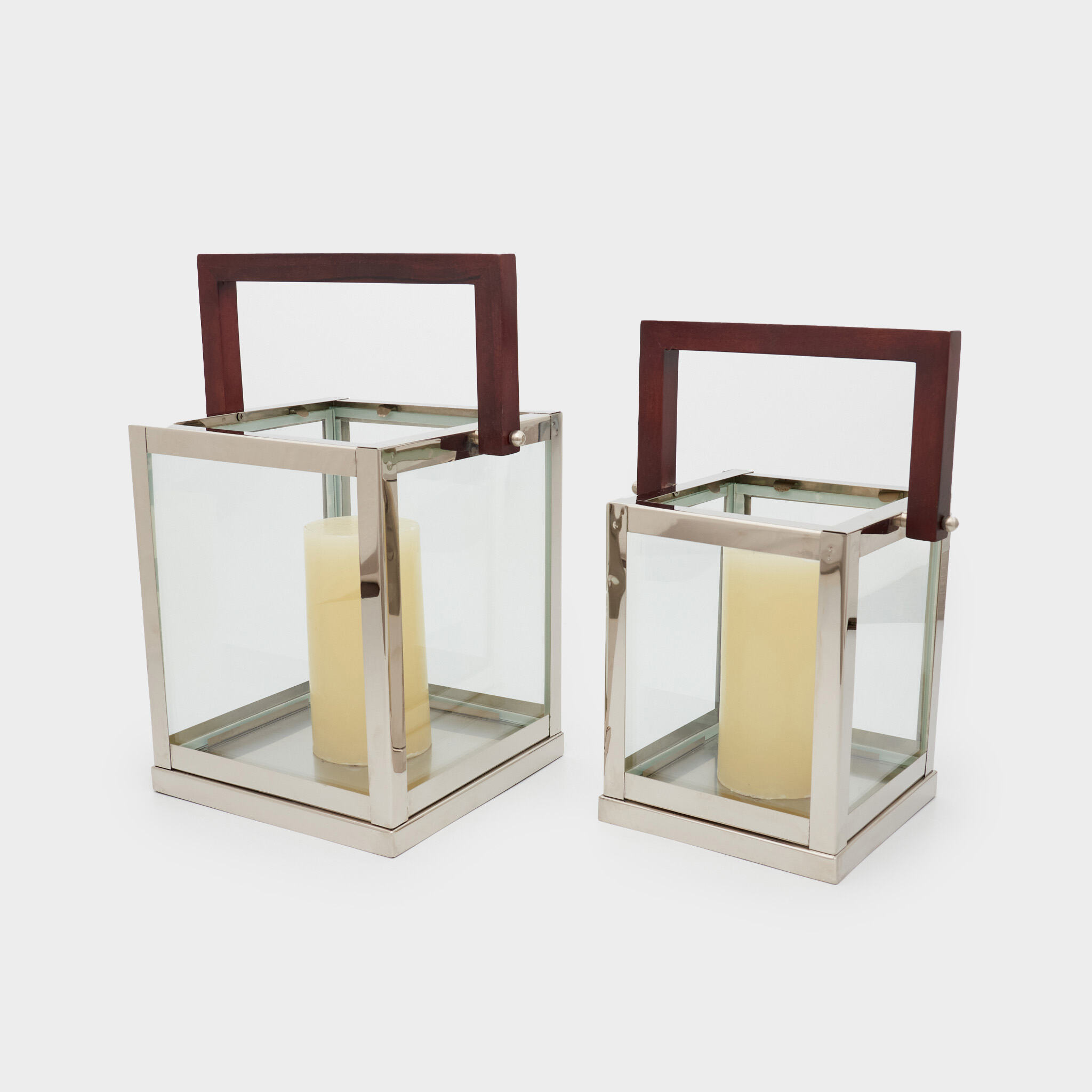 LANTERNA QUADRADA PRATA ALÇA MADEIRA