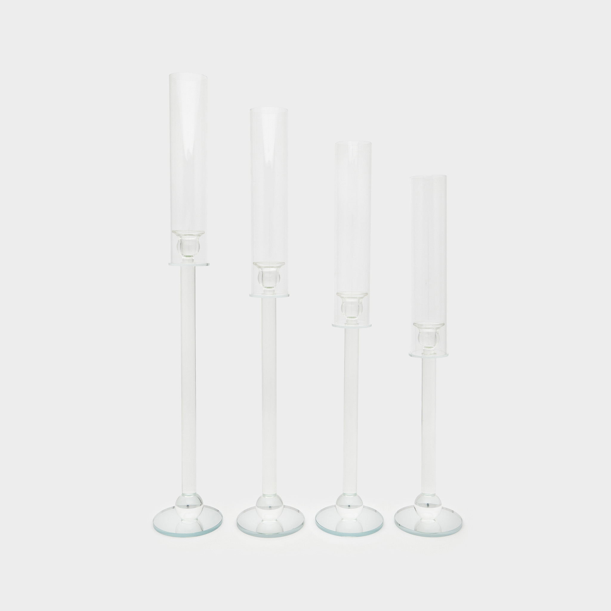 CASTIÇAL CILINDRO VIDRO ALTO BASE ESPELHO BOLA LISA