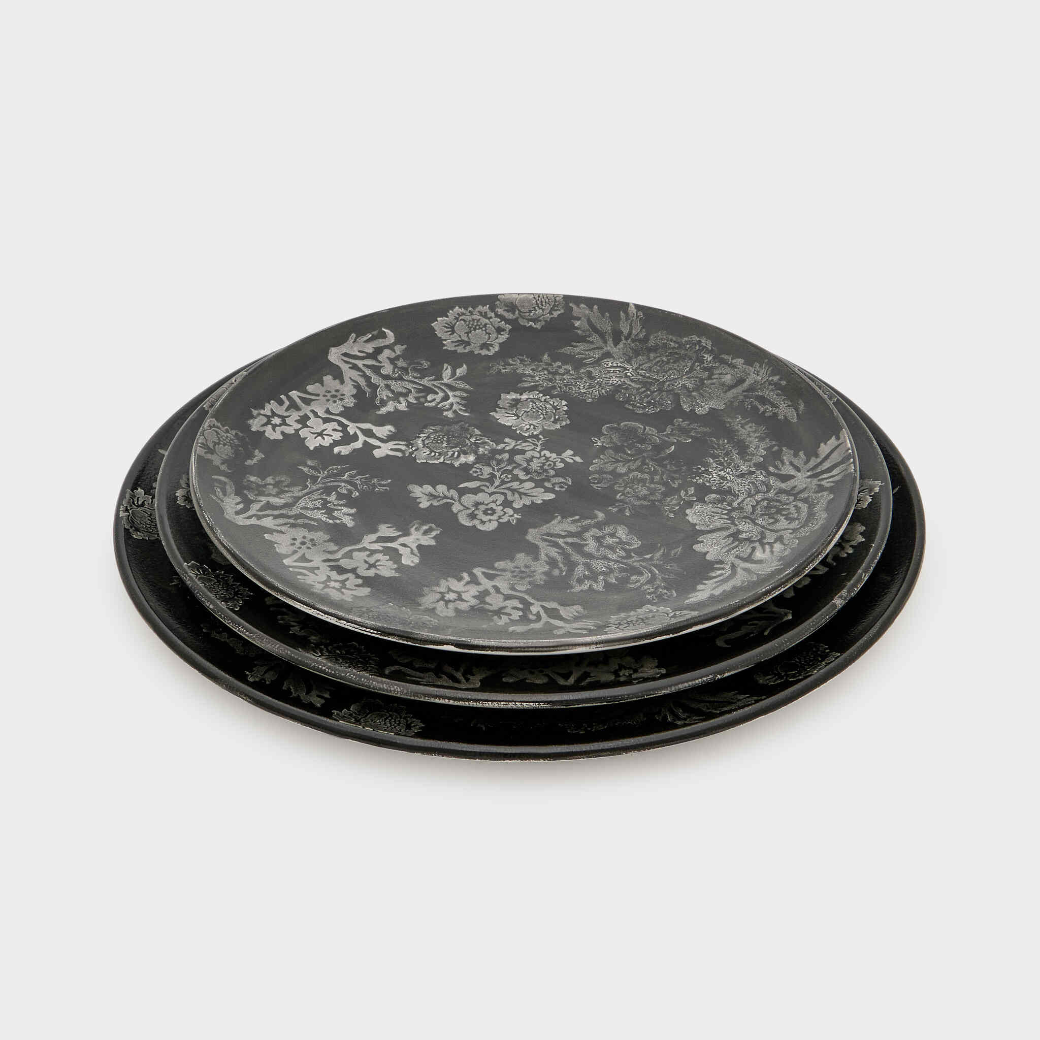 TRAVESSA REDONDA CERÂMICA L.E CINZA FLORAL