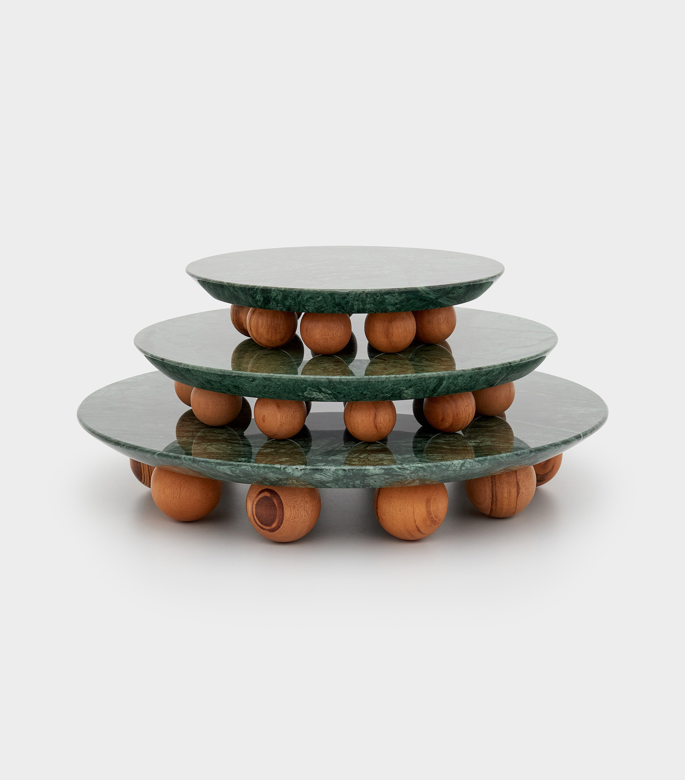 BASE REDONDA MÁRMORE VERDE PÉ BOLA DE MADEIRA