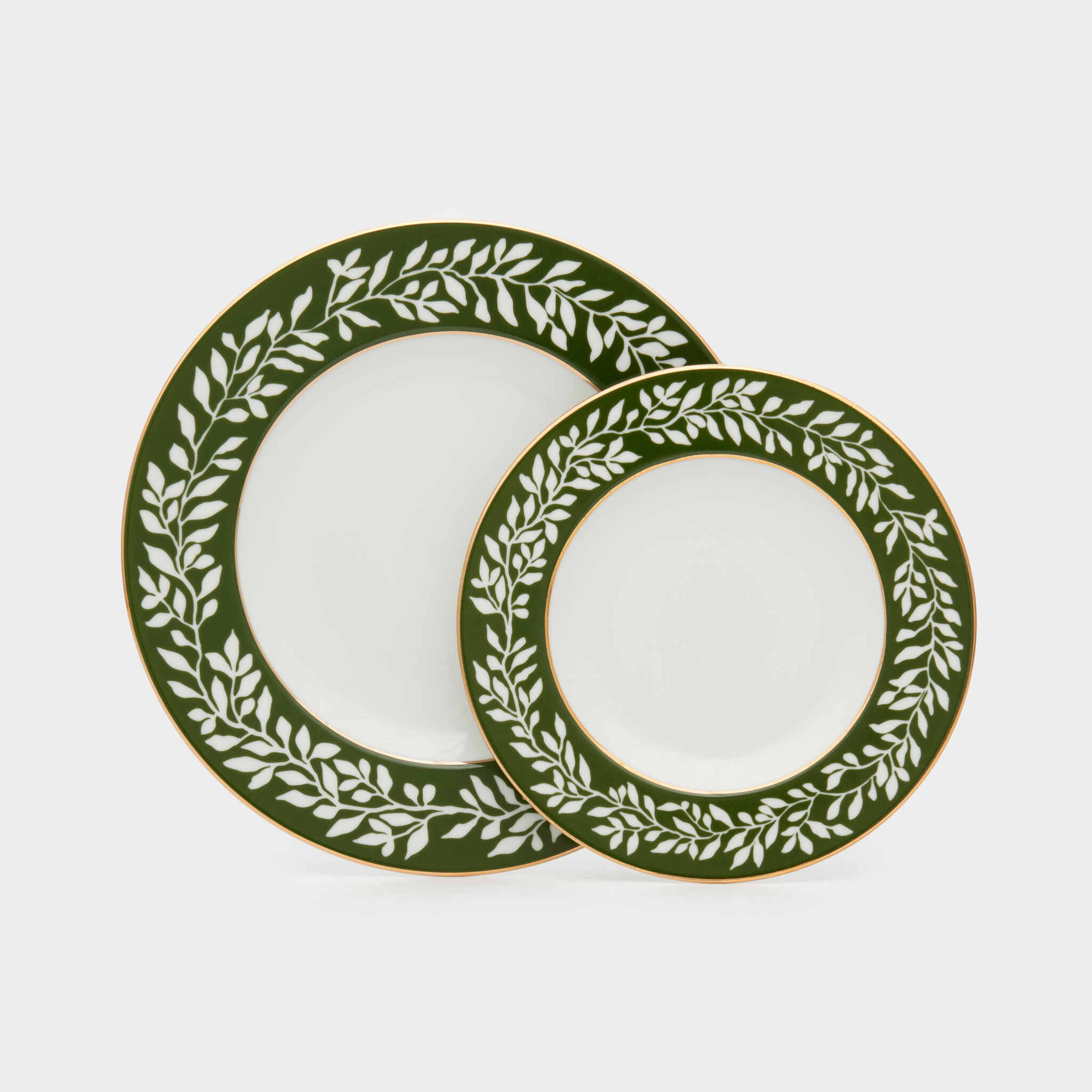 PRATO SOBREMESA BORDA FOLHAGEM VERDE ESCURO FRISO OURO